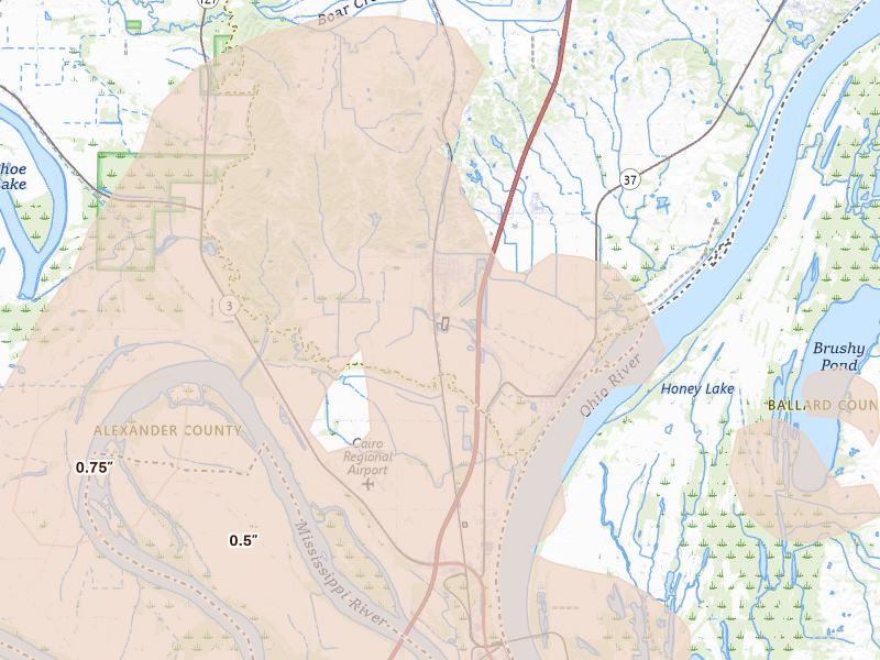 Radar-estimated hail-size map of the storm over Mounds, IL on Jun 8, 2026