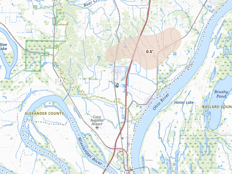 Radar-estimated hail-size map of the storm over Mounds, IL on Jul 8, 2026