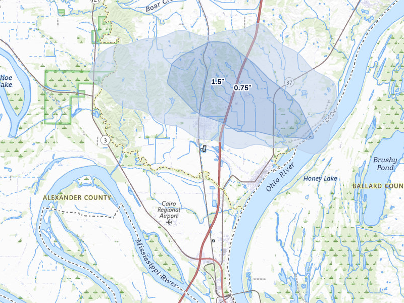 NEXRAD radar-signature map of the hail storm over Mounds, IL on Jul 8, 2026