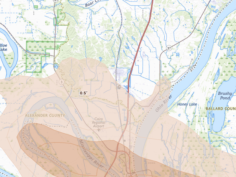 Radar-estimated hail-size map of the storm over Mounds, IL on Jul 9, 2026