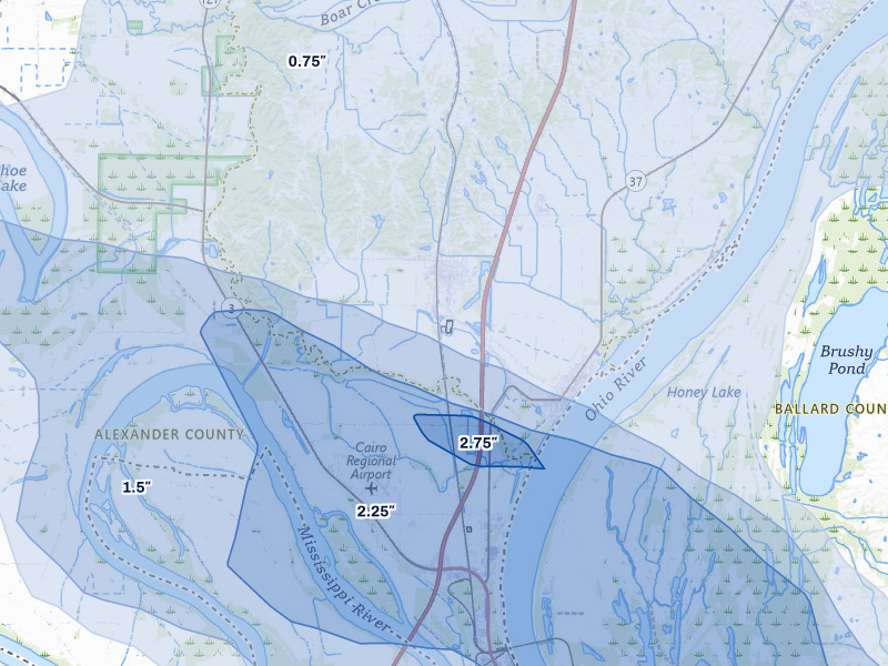 NEXRAD radar-signature map of the hail storm over Mounds, IL on Jul 9, 2026