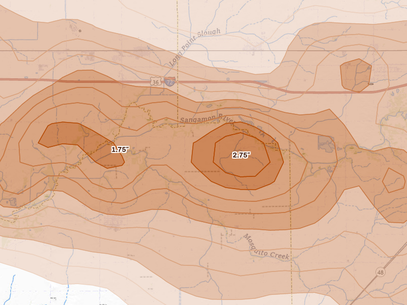 Radar-estimated hail-size map of the storm over Mount Auburn, IL on Jun 17, 2026