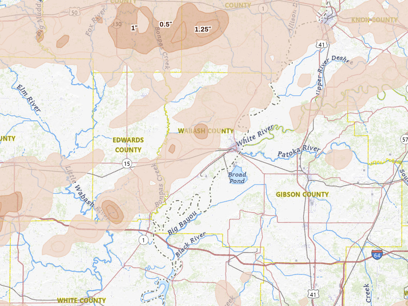 Radar-estimated hail-size map of the storm over Mount Carmel, IL on Apr 27, 2026