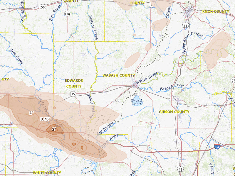 Radar-estimated hail-size map of the storm over Mount Carmel, IL on May 16, 2026
