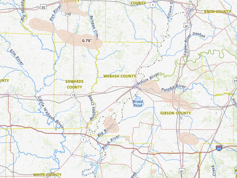 Radar-estimated hail-size map of the storm over Mount Carmel, IL on Jun 25, 2026