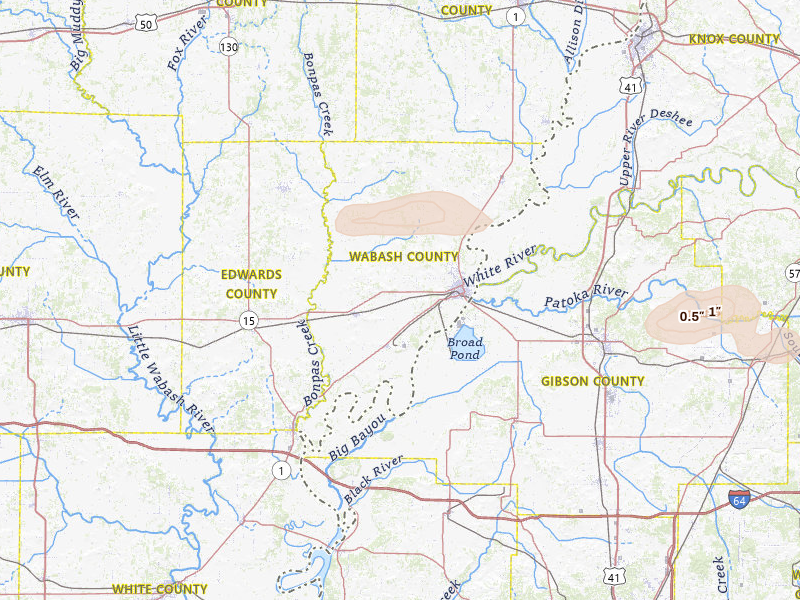Radar-estimated hail-size map of the storm over Mount Carmel, IL on Jun 27, 2026