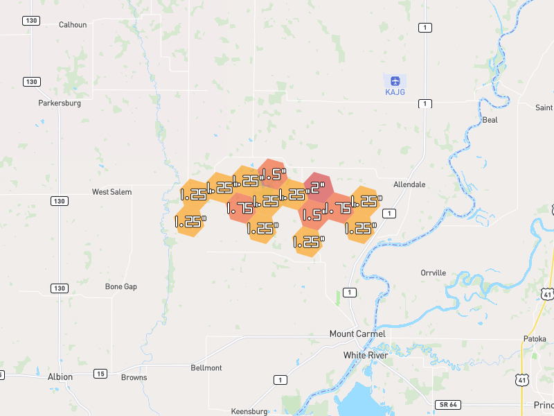 Hail map of Mount Carmel, IL on Jun 27, 2026, hail up to 2"
