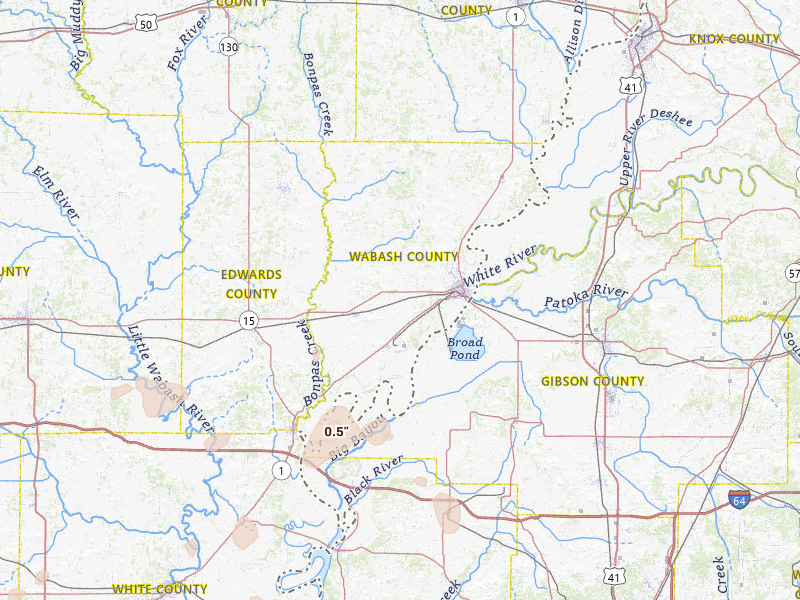 Radar-estimated hail-size map of the storm over Mount Carmel, IL on Jul 4, 2026
