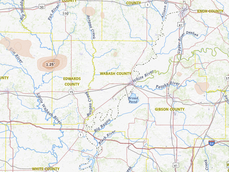 Radar-estimated hail-size map of the storm over Mount Carmel, IL on Jul 9, 2026