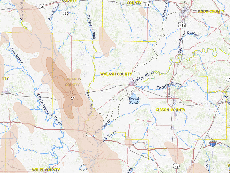 Radar-estimated hail-size map of the storm over Mount Carmel, IL on Jul 26, 2026