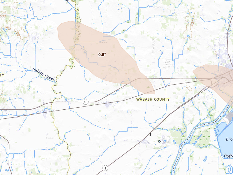 Radar-estimated hail-size map of the storm over Mount Carmel, IL on Aug 12, 2026