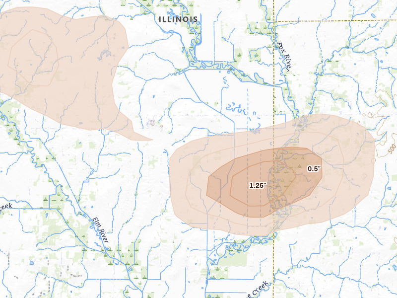 Radar-estimated hail-size map of the storm over Mount Erie, IL on Jul 9, 2026