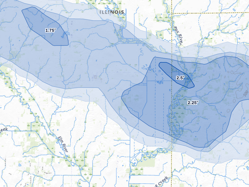 NEXRAD radar-signature map of the hail storm over Mount Erie, IL on Jul 9, 2026