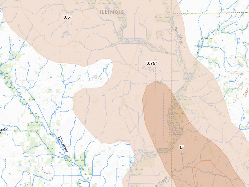Radar-estimated hail-size map of the storm over Mount Erie, IL on Jul 26, 2026