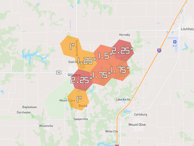 Hail map of Mount Olive, IL on Jul 10, 2026, hail up to 2.25"