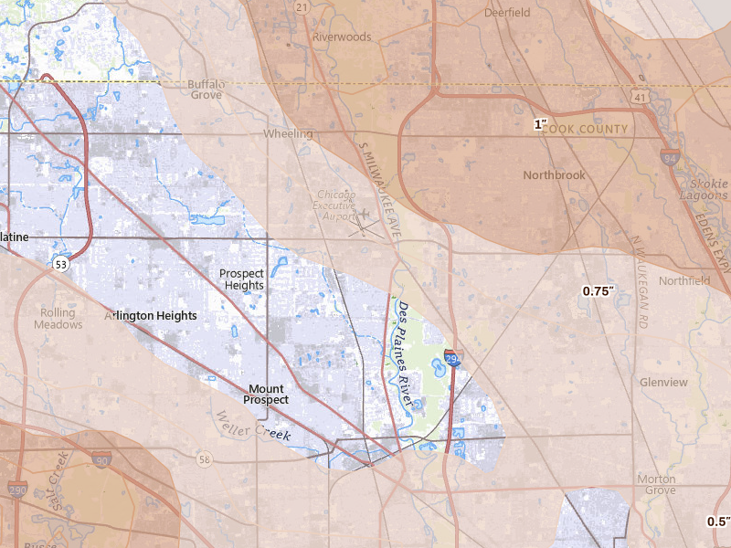 Radar-estimated hail-size map of the storm over Mount Prospect, IL on Jul 27, 2026
