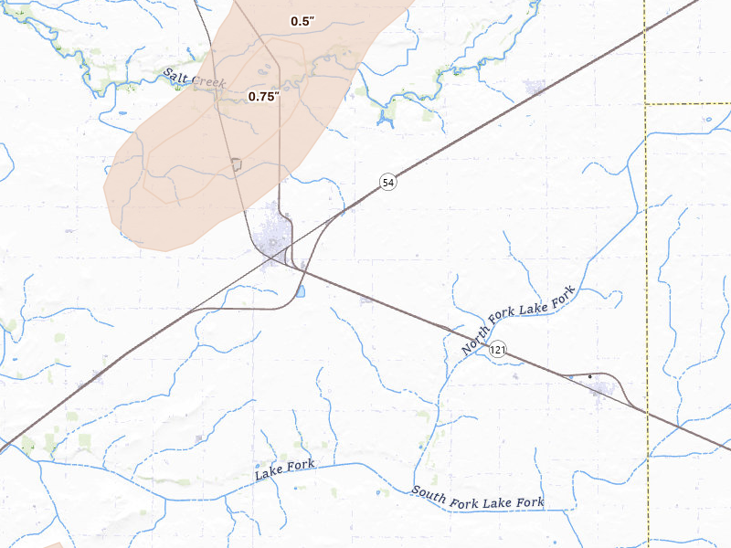 Radar-estimated hail-size map of the storm over Mount Pulaski, IL on Jul 4, 2026