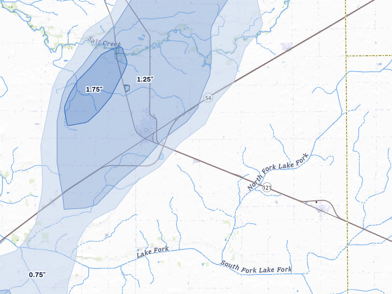 NEXRAD radar-signature map of the hail over Mount Pulaski, IL