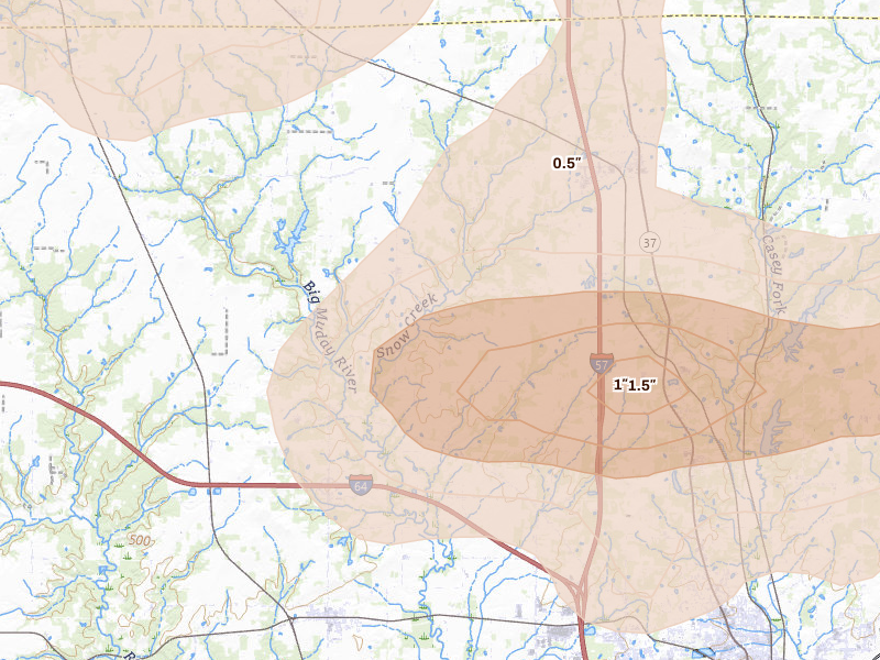 Radar-estimated hail-size map of the storm over Mount Vernon, IL on May 16, 2026