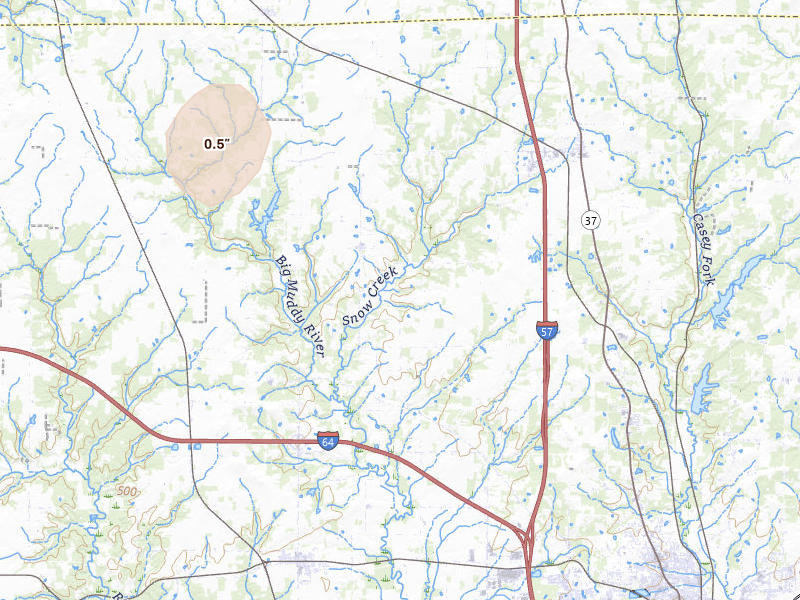Radar-estimated hail-size map of the storm over Mount Vernon, IL on Jul 8, 2026