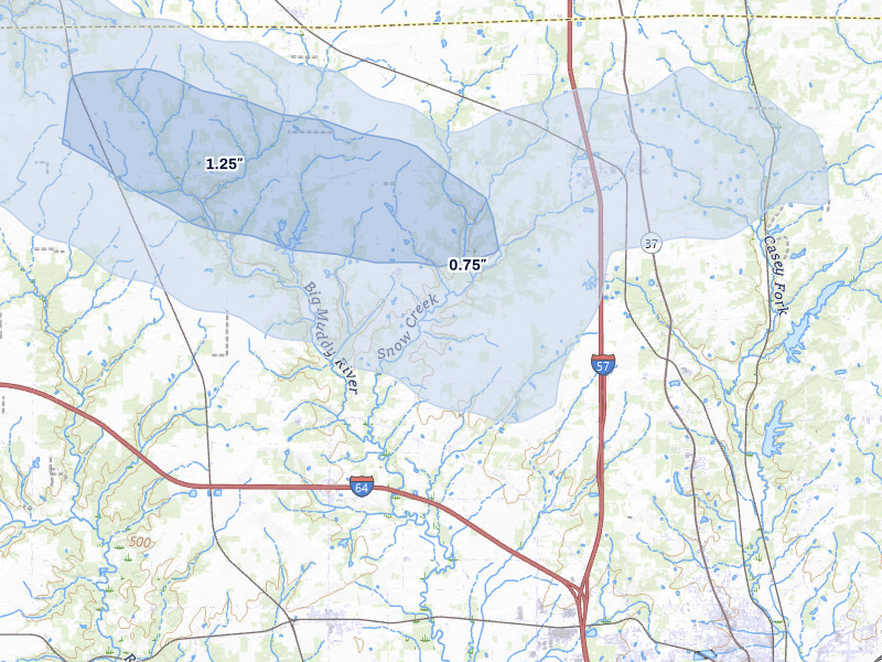 NEXRAD radar-signature map of the hail storm over Mount Vernon, IL on Jul 8, 2026