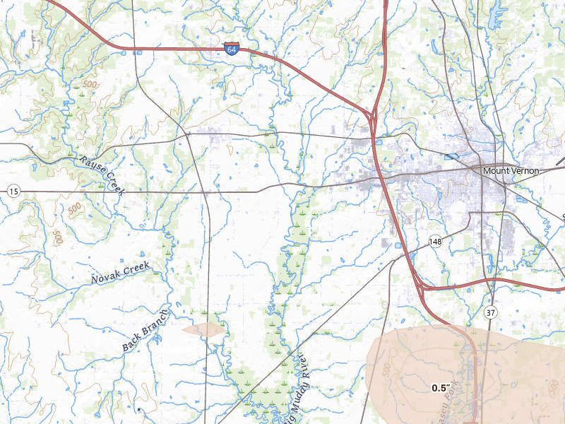 Radar-estimated hail-size map of the storm over Mount Vernon, IL on Aug 12, 2026