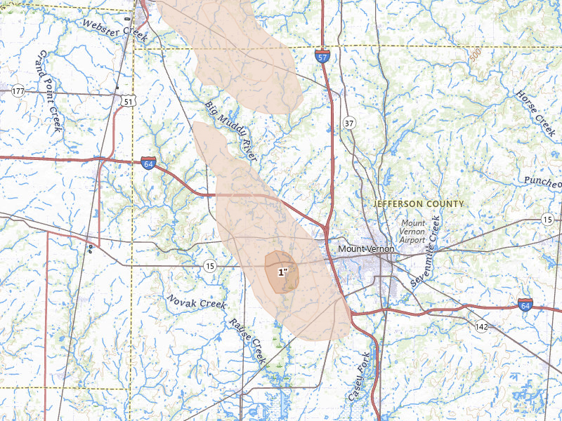 Radar-estimated hail-size map of the storm over Mount Vernon, IL on Aug 21, 2026