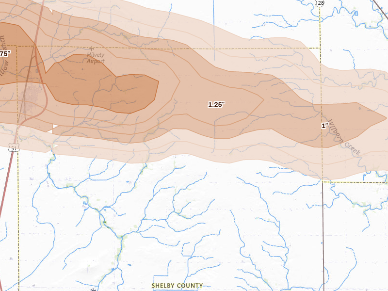 Radar-estimated hail-size map of the storm over Moweaqua, IL on Mar 26, 2026