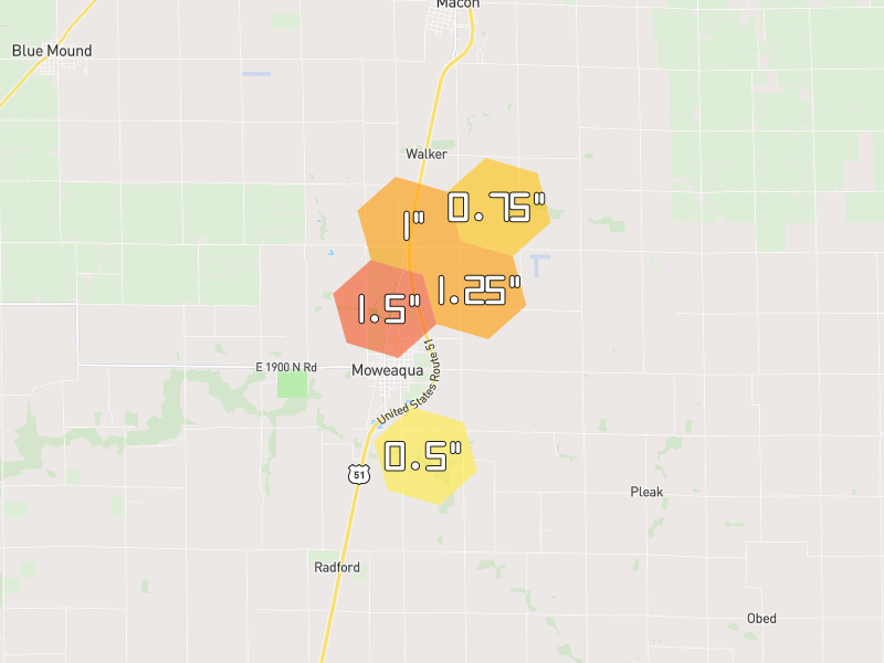 Hail map of Moweaqua, IL on Jul 4, 2026, hail up to 1.5"