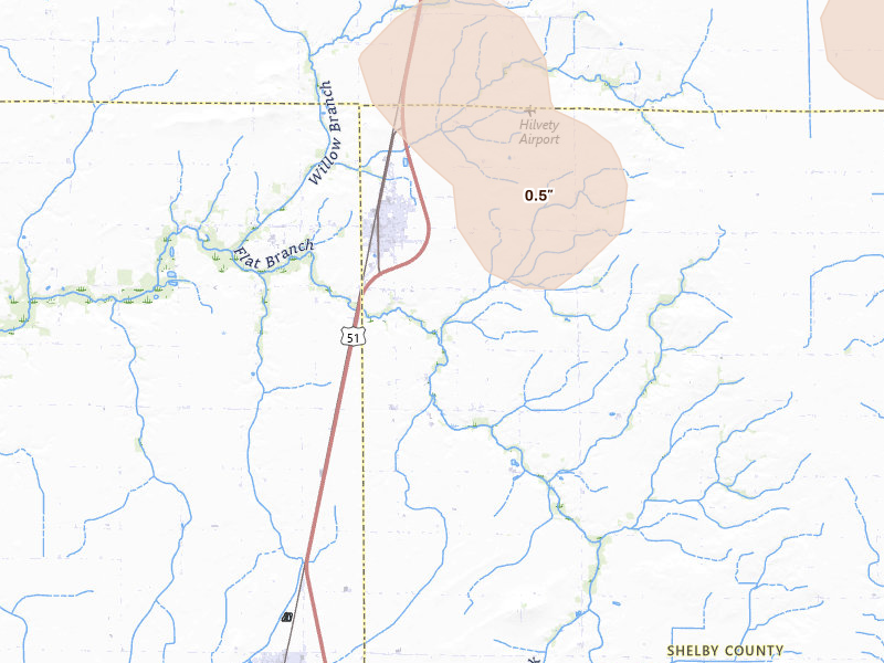 Radar-estimated hail-size map of the storm over Moweaqua, IL on Aug 21, 2026