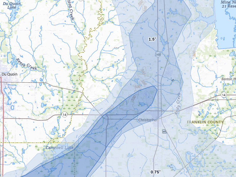 NEXRAD radar-signature map of the hail over Mulkeytown, IL