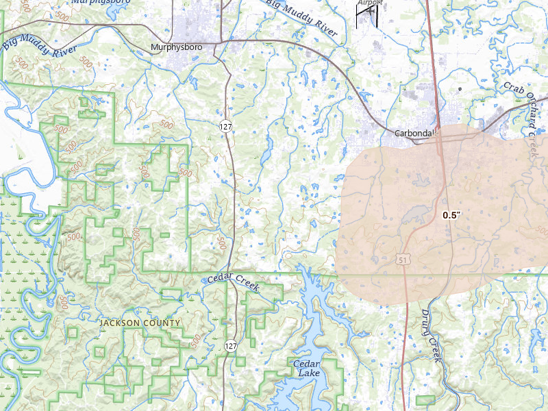 Radar-estimated hail-size map of the storm over Murphysboro, IL on Mar 4, 2026