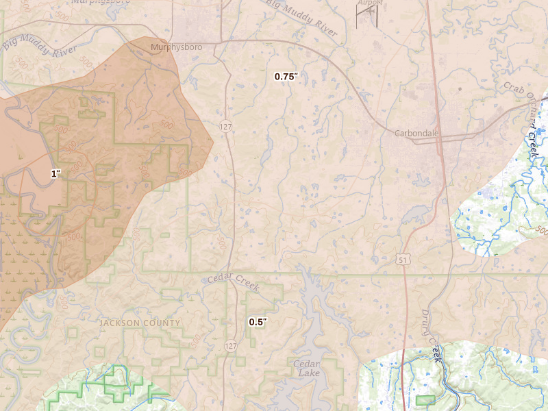 Radar-estimated hail-size map of the storm over Murphysboro, IL on Apr 27, 2026