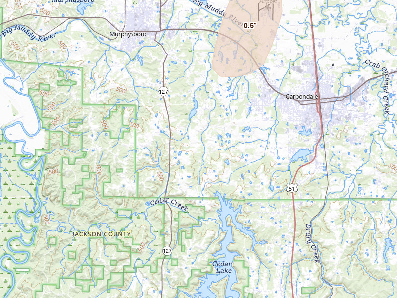 Radar-estimated hail-size map of the storm over Murphysboro, IL on Jul 8, 2026