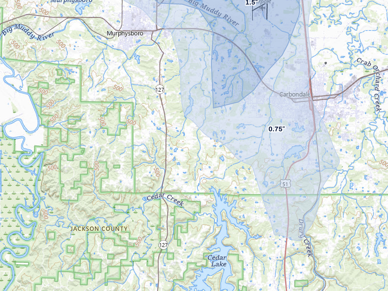 NEXRAD radar-signature map of the hail storm over Murphysboro, IL on Jul 8, 2026