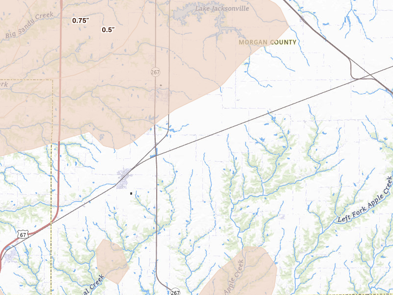 Radar-estimated hail-size map of the storm over Murrayville, IL on Apr 27, 2026