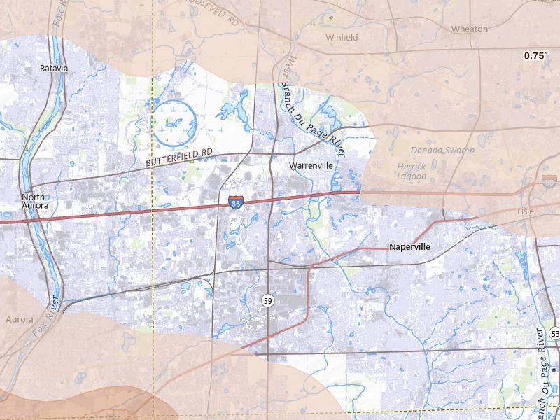 Radar-estimated hail-size map of the storm over Naperville, IL on Mar 30, 2026