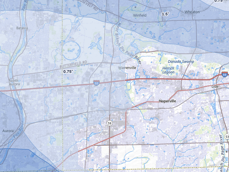 NEXRAD radar-signature map of the hail storm over Naperville, IL on Mar 30, 2026