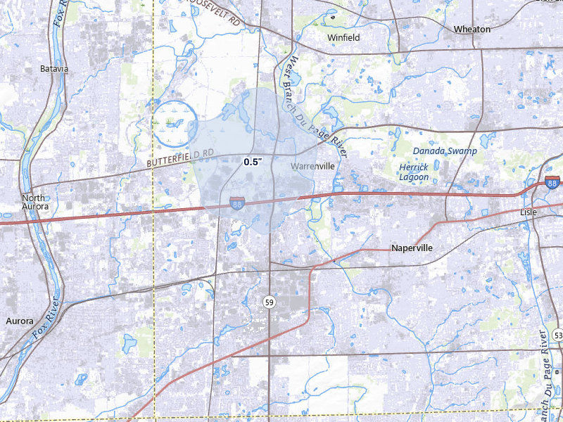 NEXRAD radar-signature map of the hail over Naperville, IL