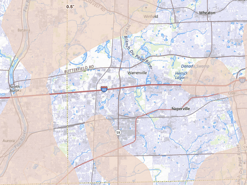 Radar-estimated hail-size map of the storm over Naperville, IL on Jun 10, 2026