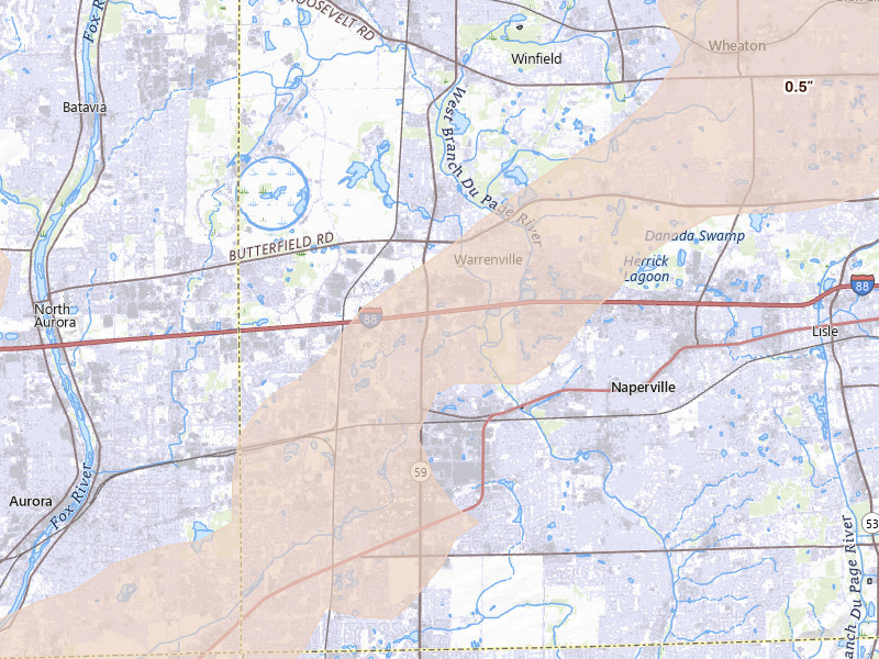 Radar-estimated hail-size map of the storm over Naperville, IL on Jul 2, 2026