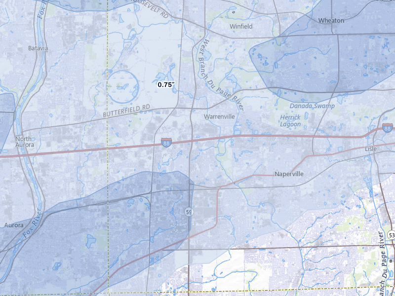 NEXRAD radar-signature map of the hail over Naperville, IL