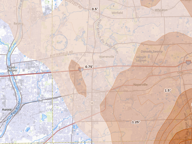 Radar-estimated hail-size map of the storm over Naperville, IL on Jul 27, 2026