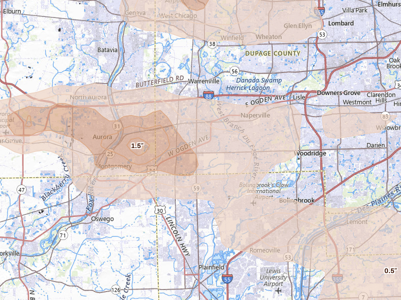 Radar-estimated hail-size map of the storm over Naperville, IL on Aug 9, 2026