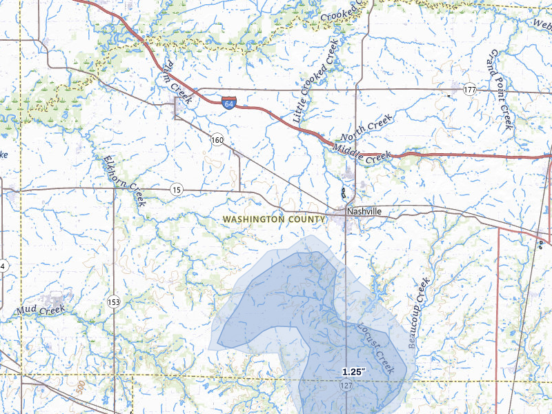 NEXRAD radar-signature map of the hail storm over Nashville, IL on Jul 3, 2026