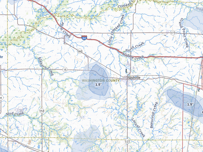 NEXRAD radar-signature map of the hail storm over Nashville, IL on Jul 8, 2026