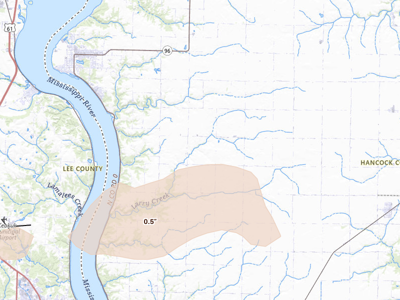 Radar-estimated hail-size map of the storm over Nauvoo, IL on Apr 13, 2026