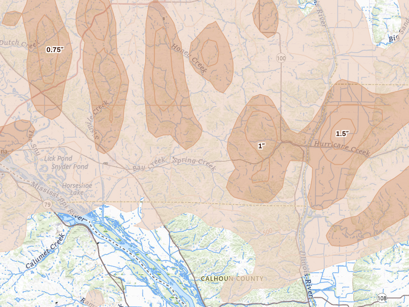 Radar-estimated hail-size map of the storm over Nebo, IL on Apr 27, 2026