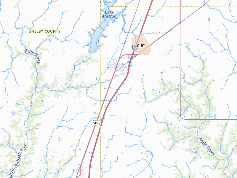 Radar-estimated hail-size map of the storm over Neoga, IL on Jul 4, 2026