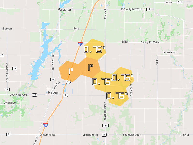 Hail map of Neoga, IL on Jul 4, 2026, hail up to 1"
